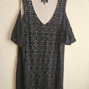 Sheath Midi V-Neck Ronnie Nicole Black lace Holiday underlay Party dress 16